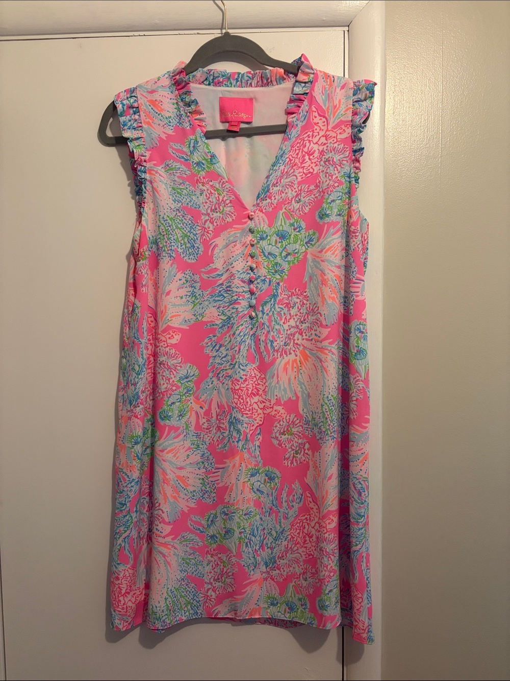 Lilly Pulitzer Pink Floral Shift Dress with Ruffle Trim